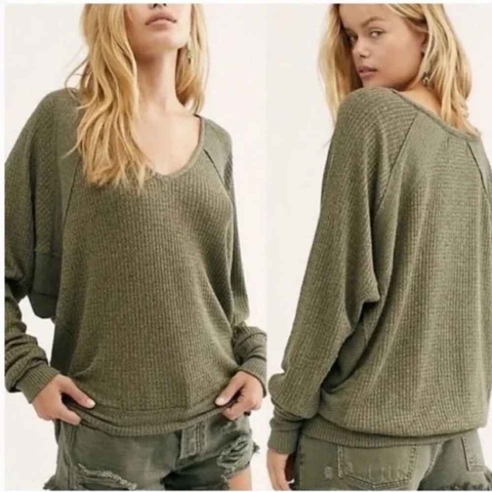 We the Free Santa Clara Ferngully thermal top Olive Green Sweater Size M